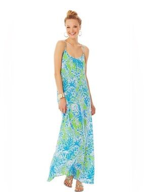 Lilly Pulitzer $270 Large Jaylene 100% Silk Blue Green Maxi Resort Wear Dress